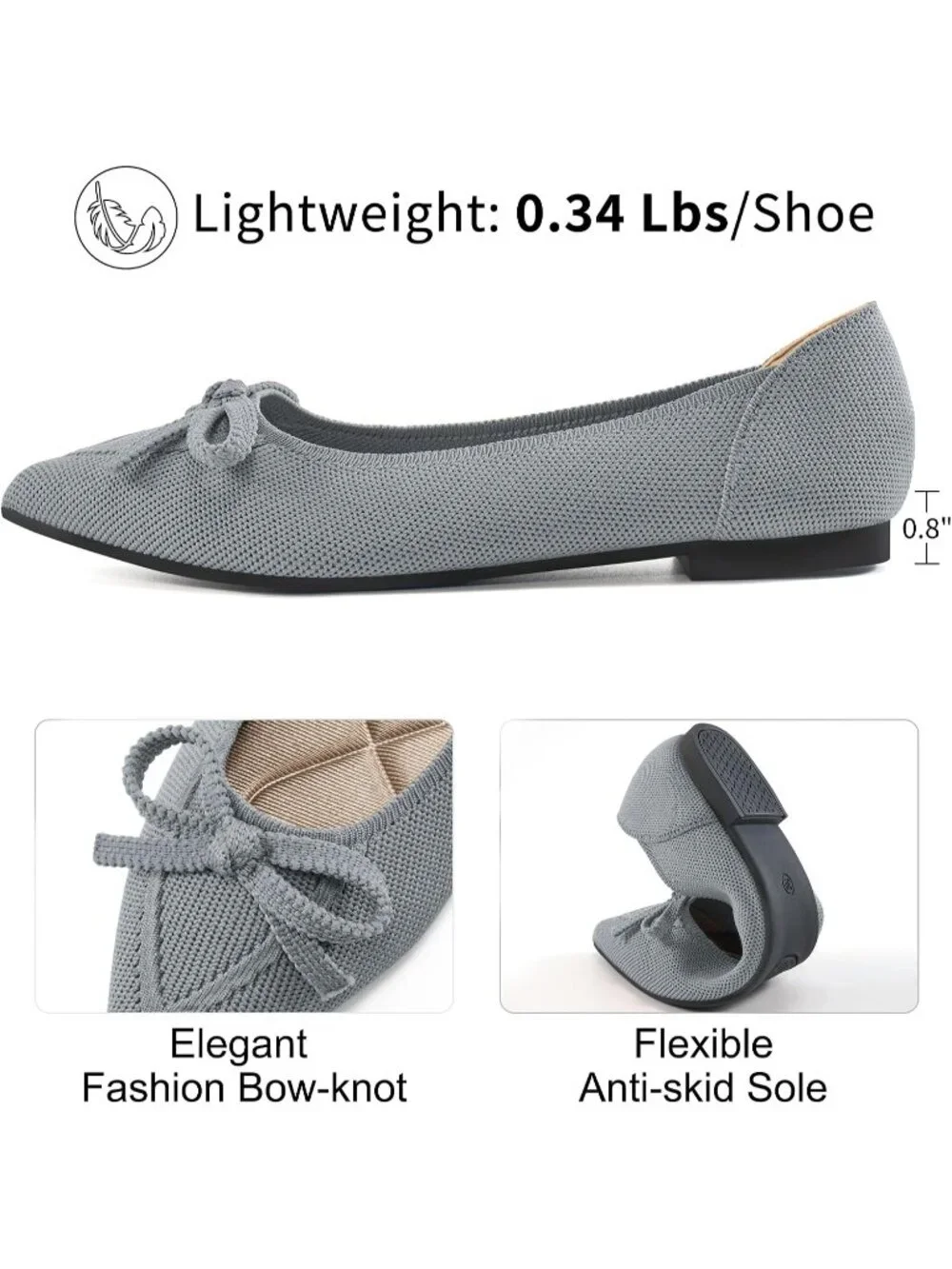 Women's Grey Ballet Flats Shoes Dressy Pointed Toe Bow Knit Flats Comfortable